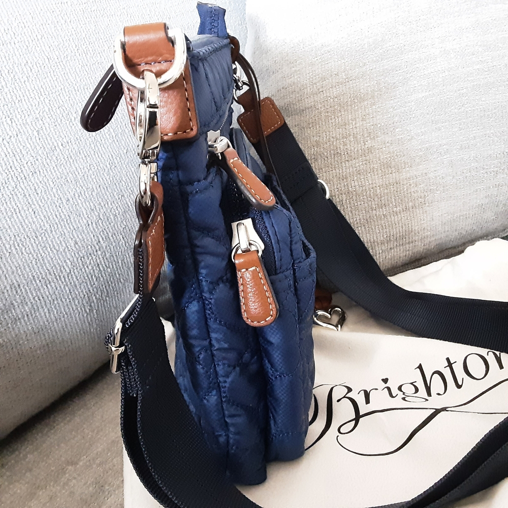 Brighton Quilted Navy Crossbody Tan Trim & Heart Charm - Picture 3 of 11
